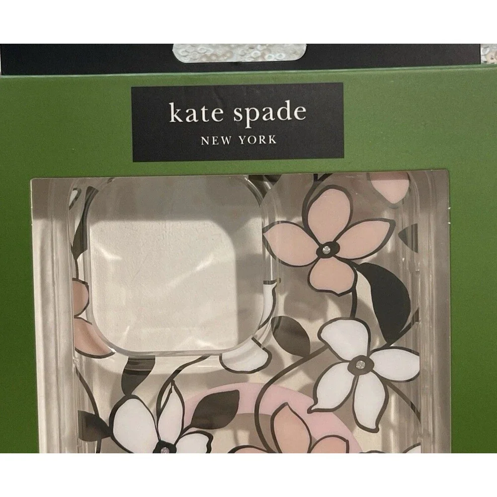 Kate Spade Phone Case for iPhone 15 Pro Max Pink White Floral Blingy NIB New